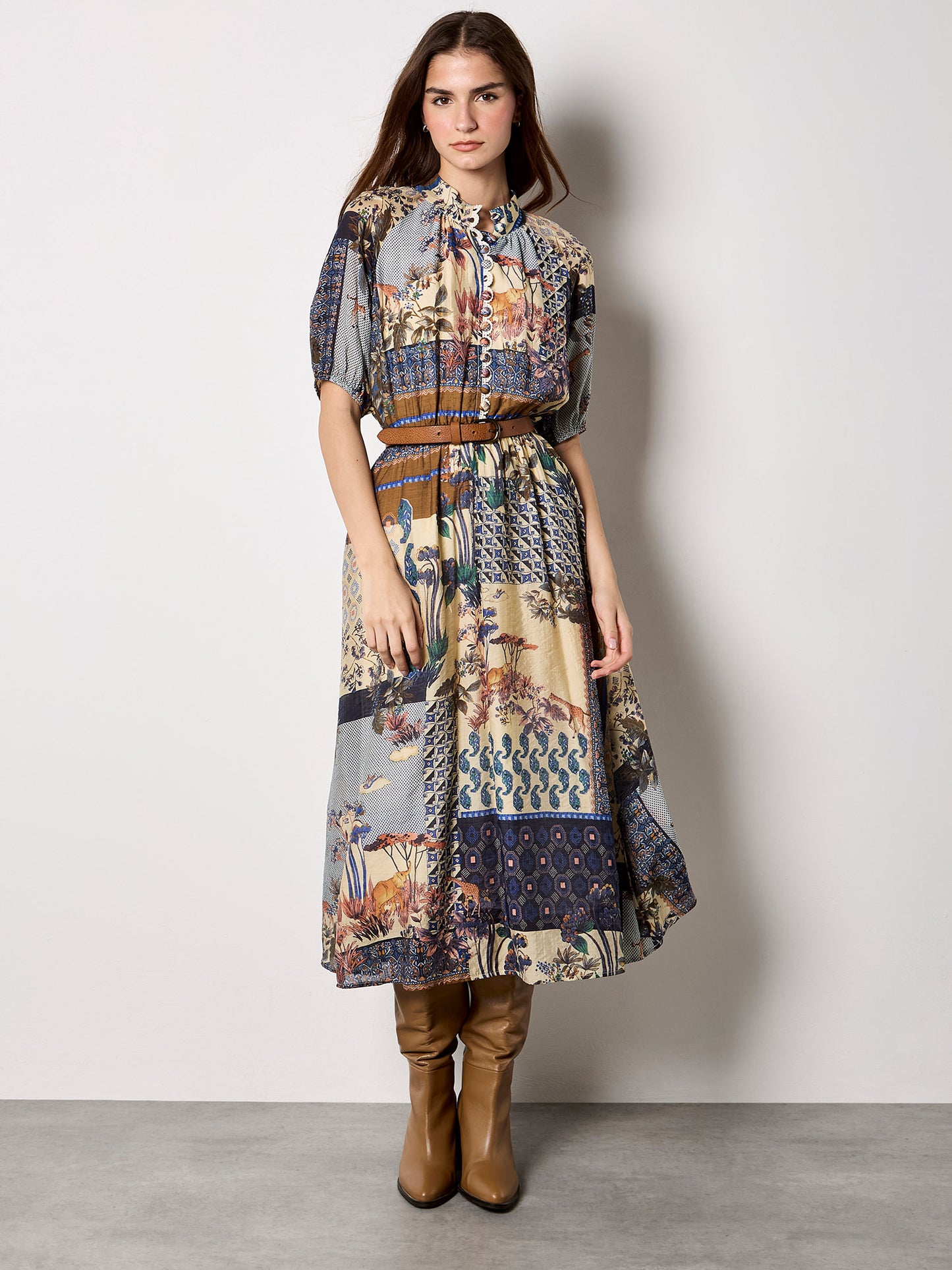 PATCHWORK ART MIDI SHIRT DRESS