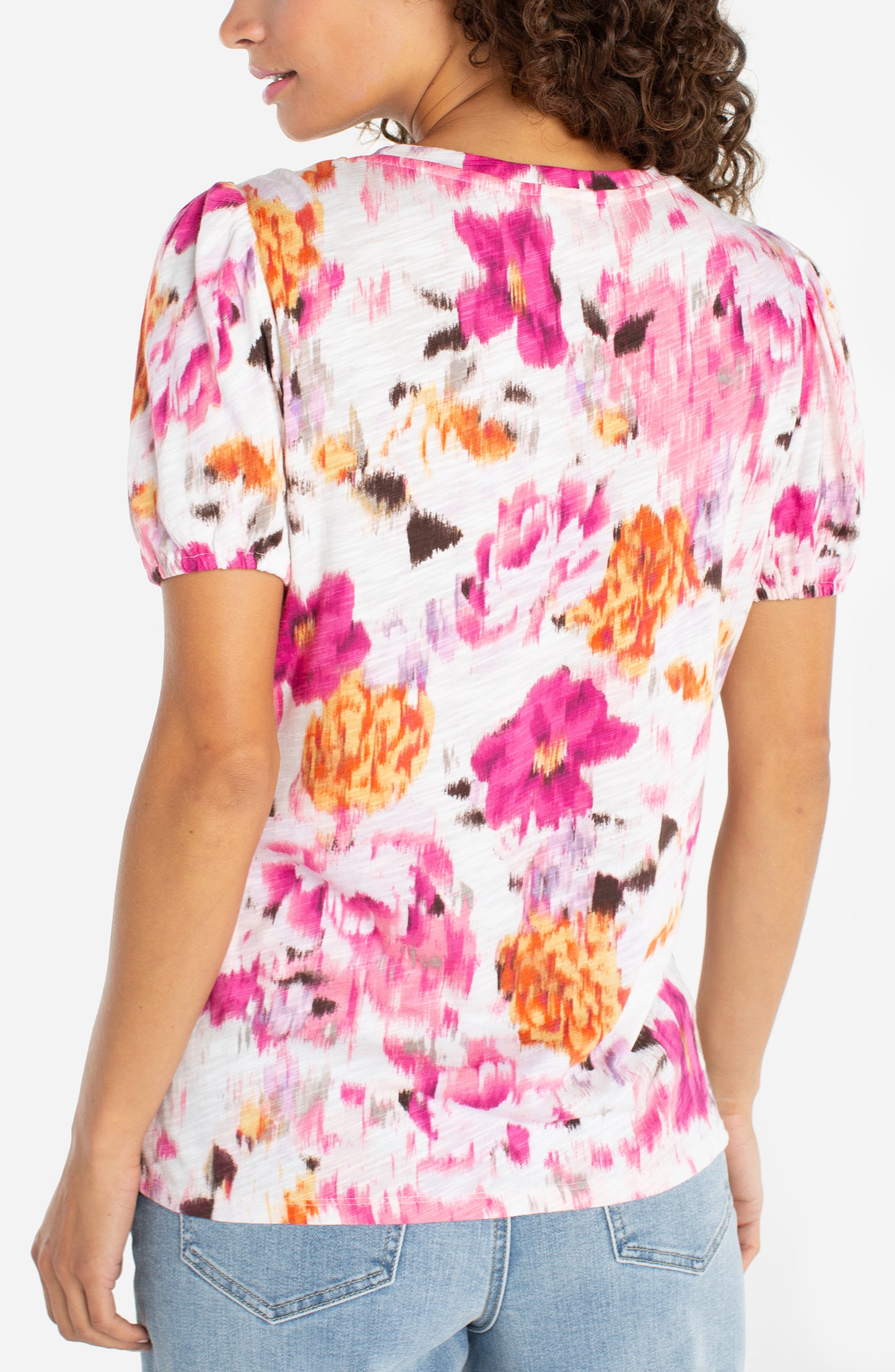 FLORAL PUFF SLEEVE SCOOP NECK TOP