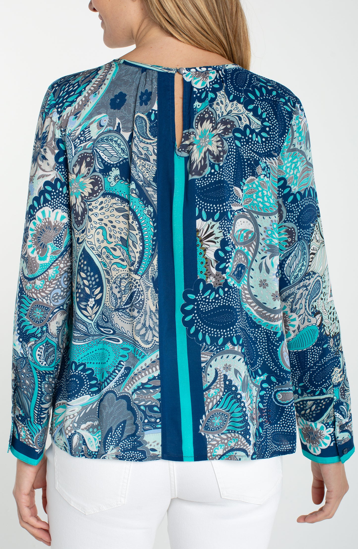 LONG SLEEVE WOVEN TOP W/ KEYHOLE NECKLINE