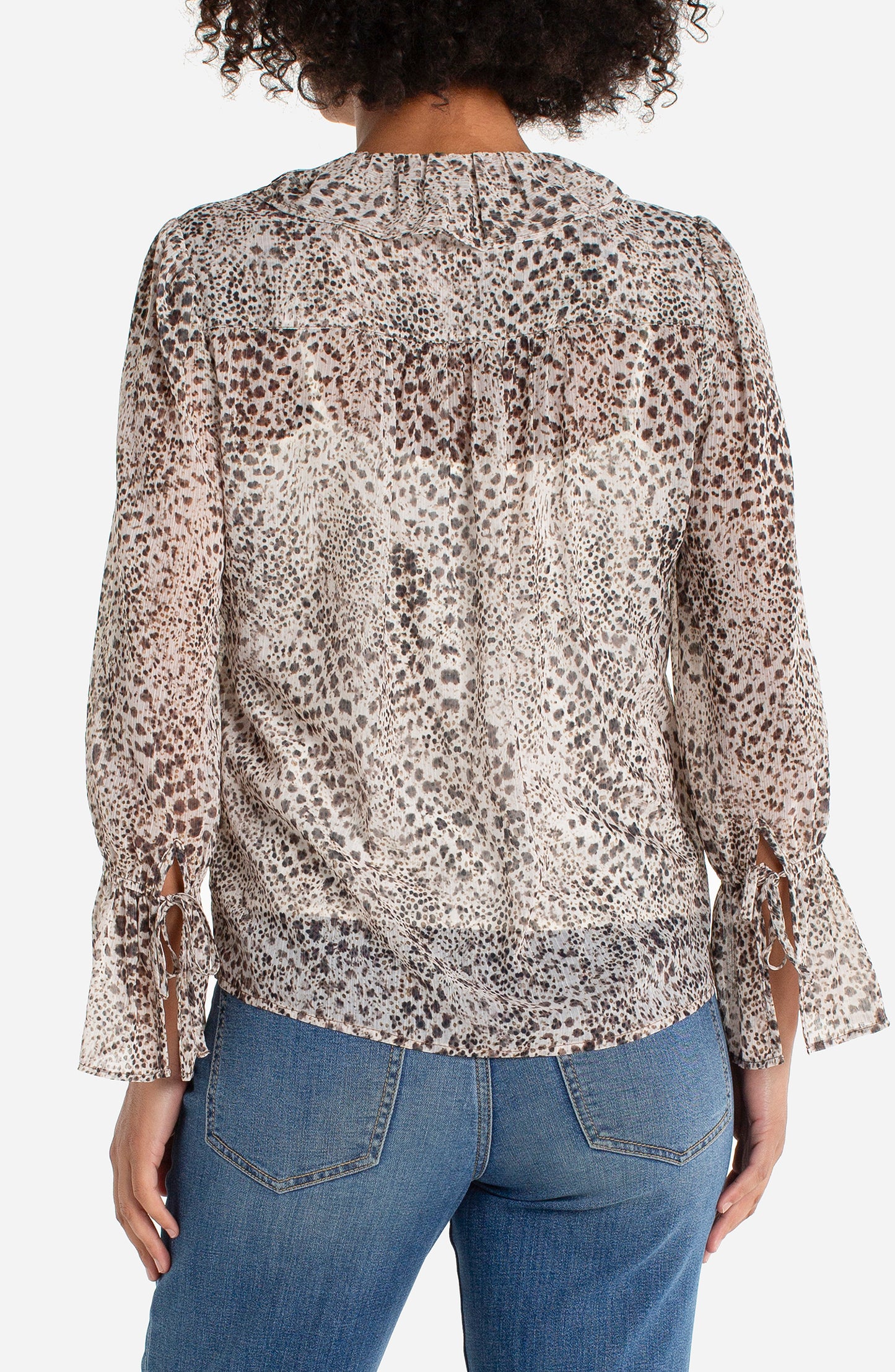 LONG SLEEVE RUFFLE FRONT WOVEN TOP