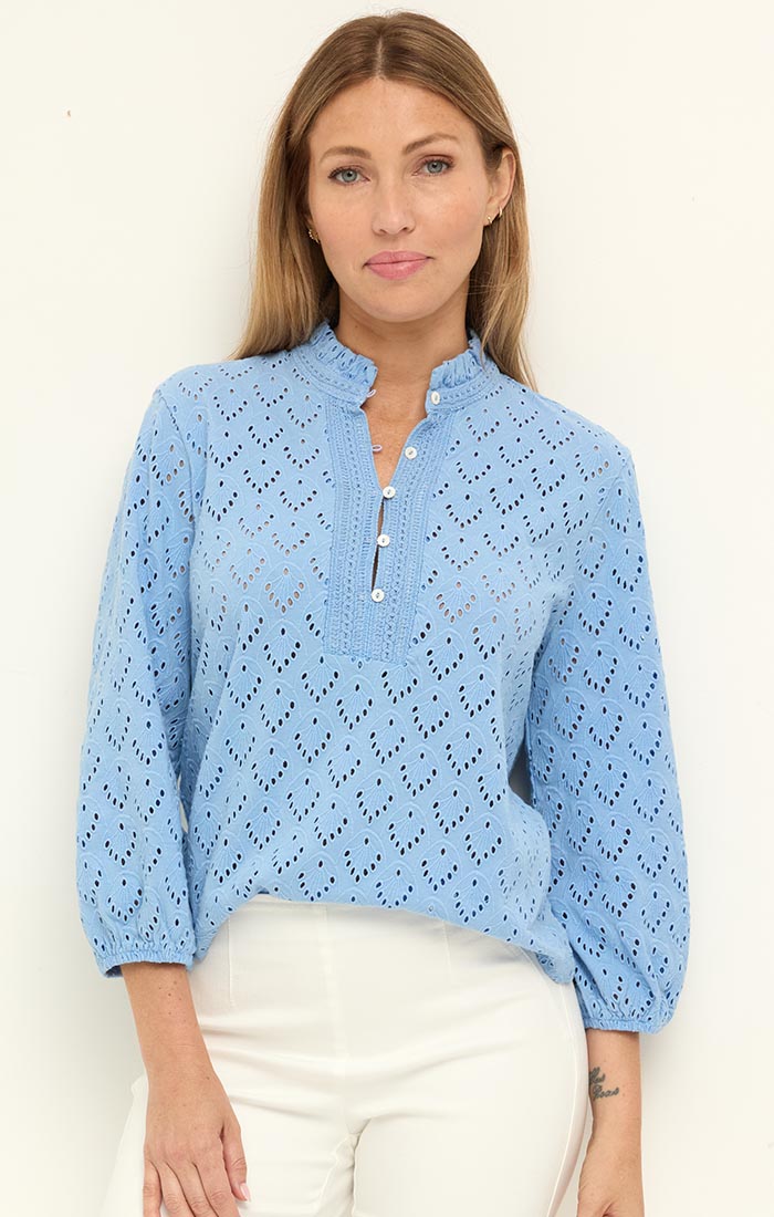 KNIT EYELET RUFFLE NECK TOP