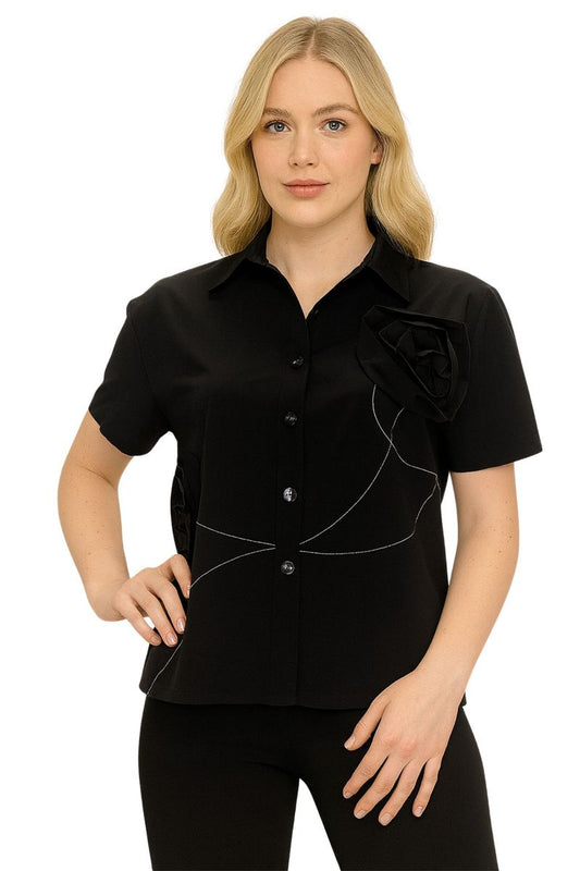 B/F SHORT SLEEVE BLOUSE WITH ROSE DETAILS