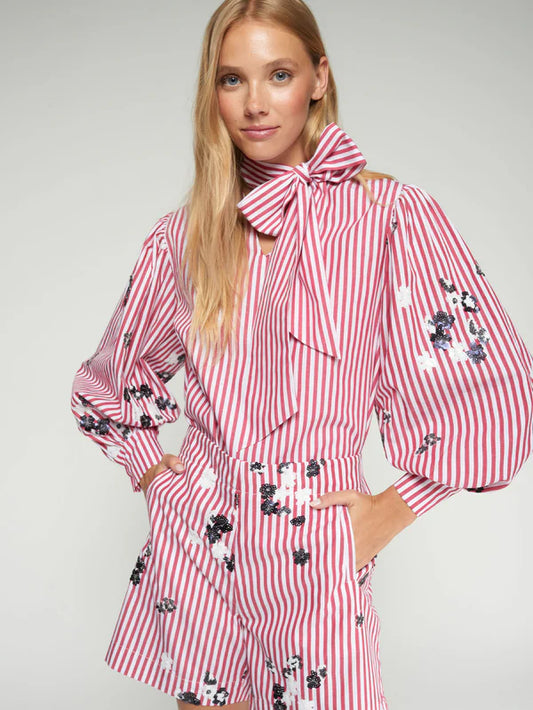 BLOUSE WITH BOW & SEQUIN FLORALS