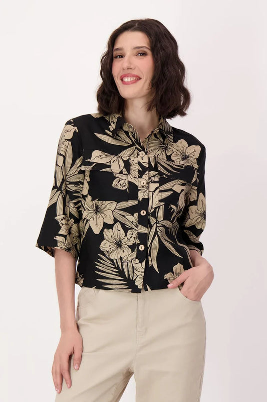 NATURAL FLORAL LINEN-BLEND SHIRT