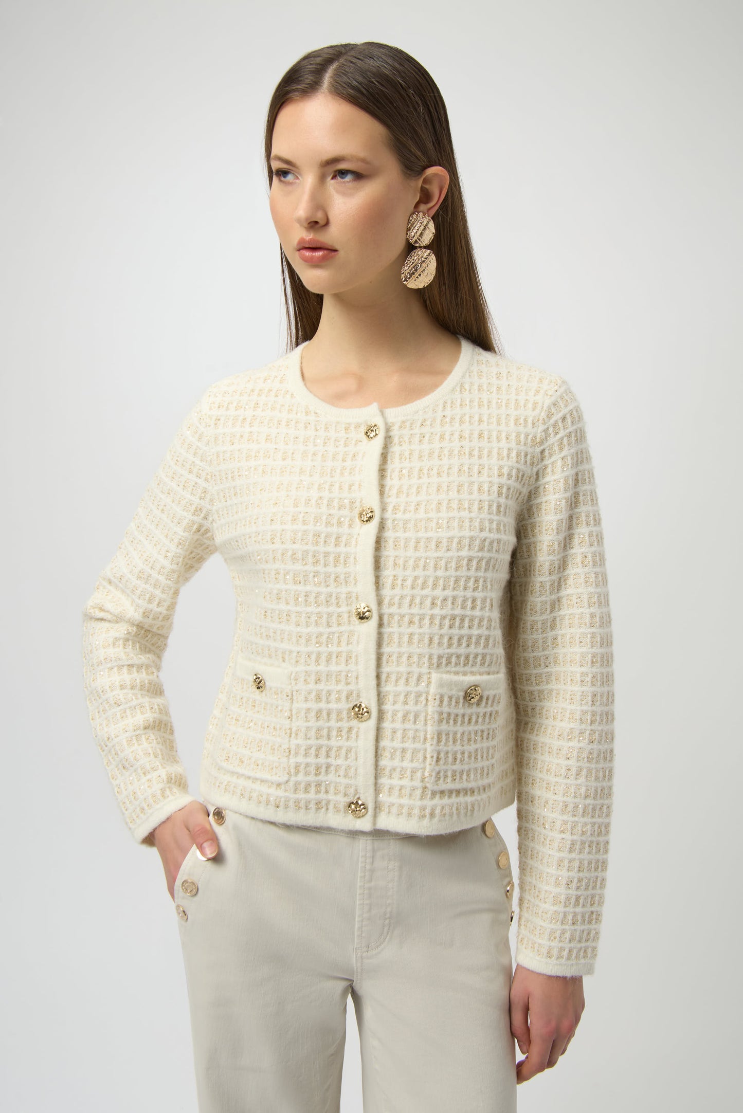 SEQUINED SWEATER KNIT CARDIGAN W GOLD BUTTONS