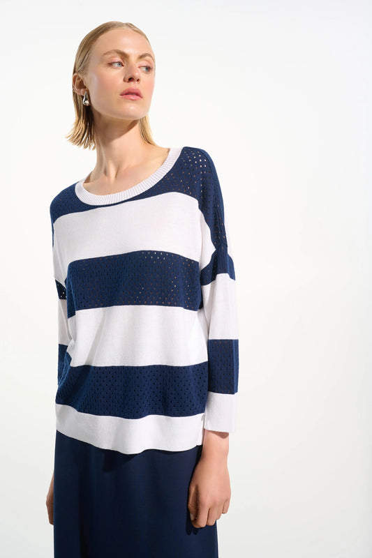 COTTON BLEND STRIPE PRINT CREWNECK SWEATER