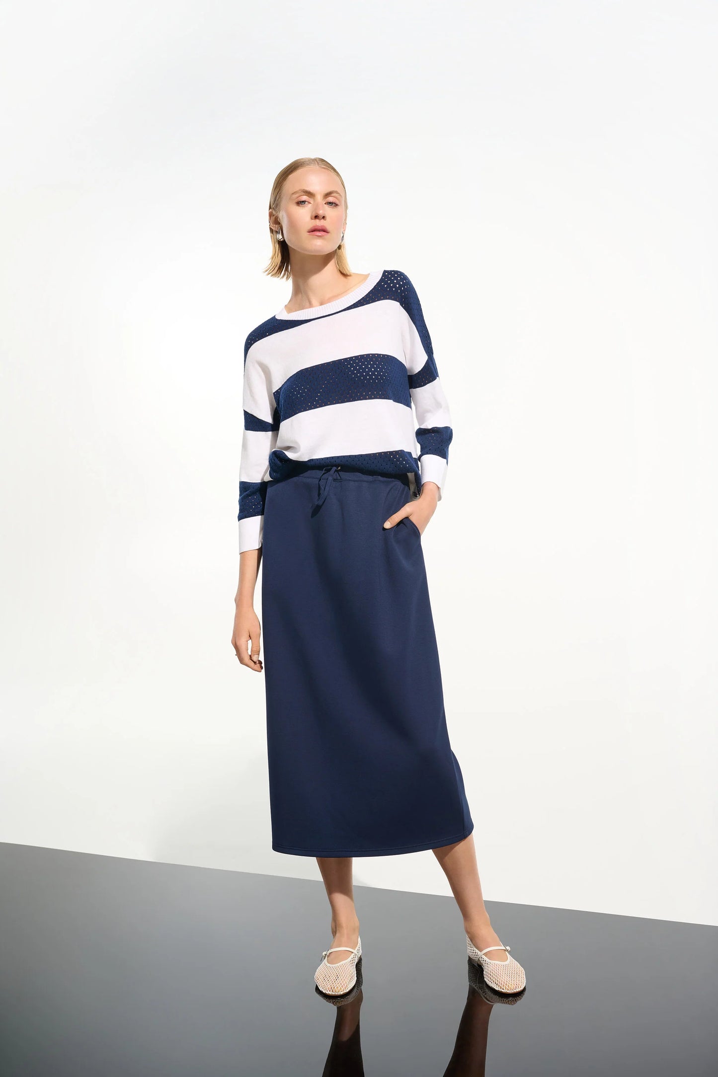 COTTON BLEND STRIPE PRINT CREWNECK SWEATER