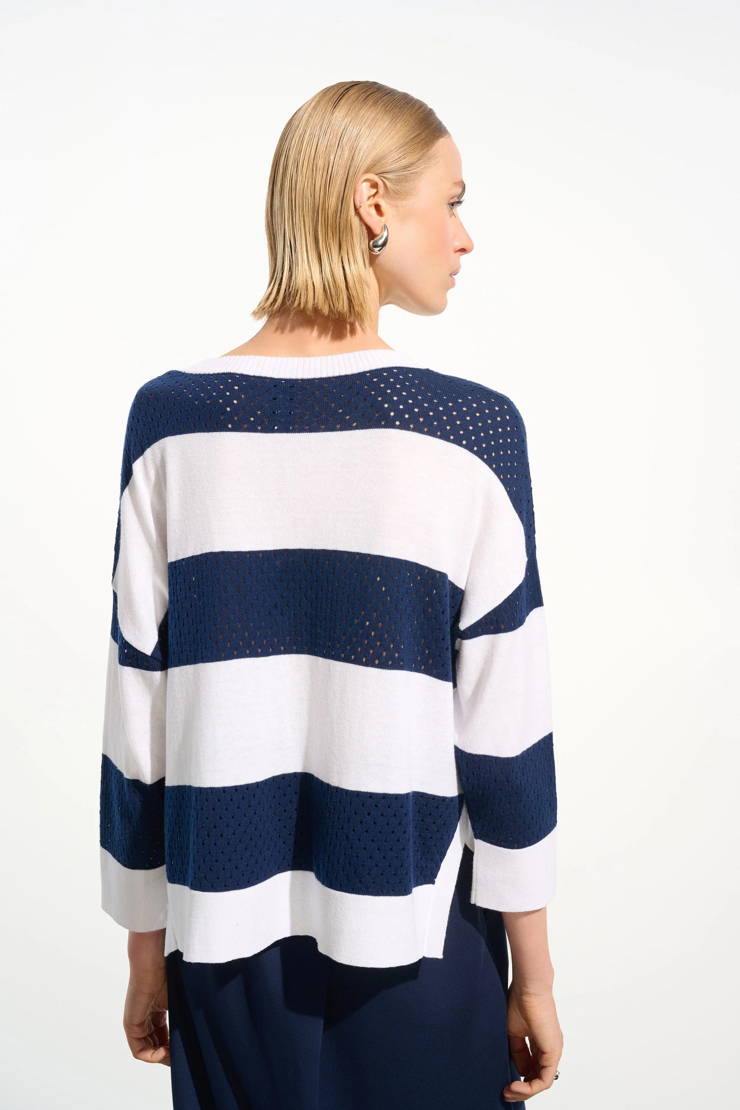 COTTON BLEND STRIPE PRINT CREWNECK SWEATER