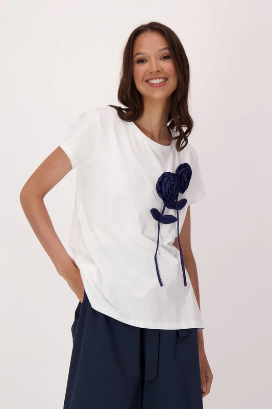 STEMMED FLOWER APPLIQUE COTTON T-SHIRT