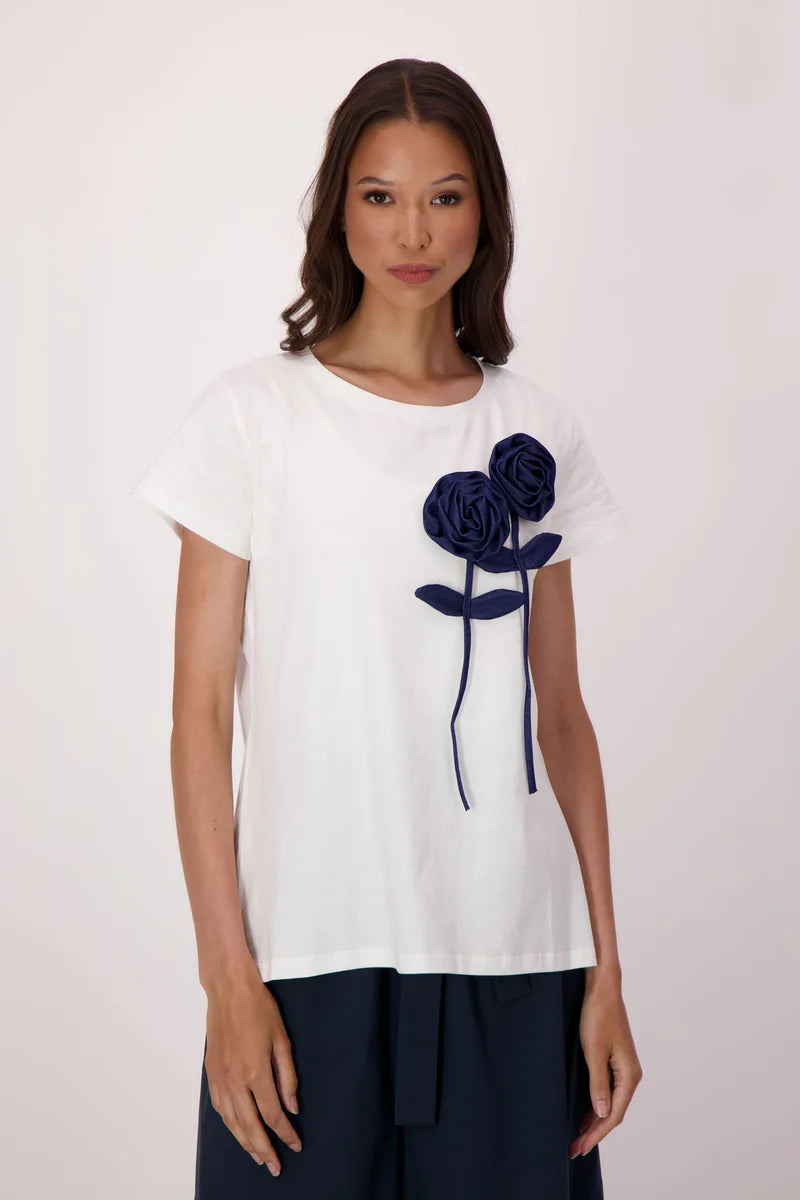 STEMMED FLOWER APPLIQUE COTTON T-SHIRT