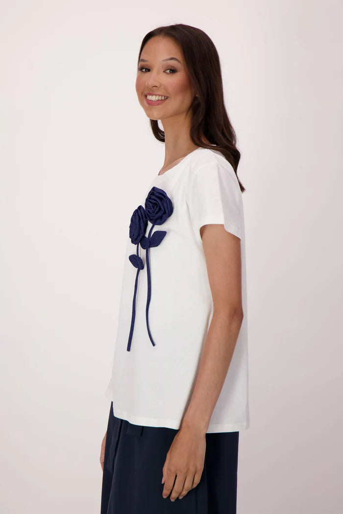 STEMMED FLOWER APPLIQUE COTTON T-SHIRT