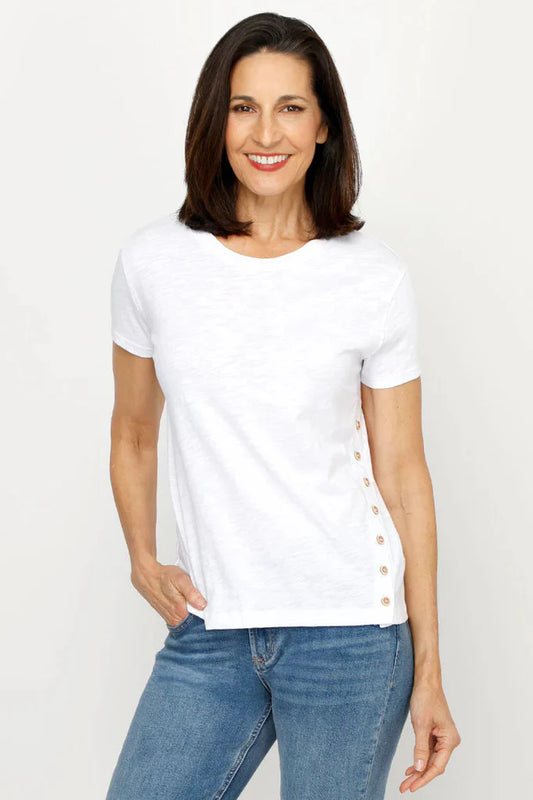 SHORT SLEEVE TEE W/ ASSYMETRICAL BUTTON DETAIL