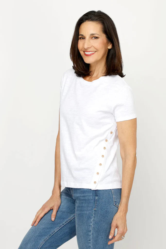 SHORT SLEEVE TEE W/ ASSYMETRICAL BUTTON DETAIL