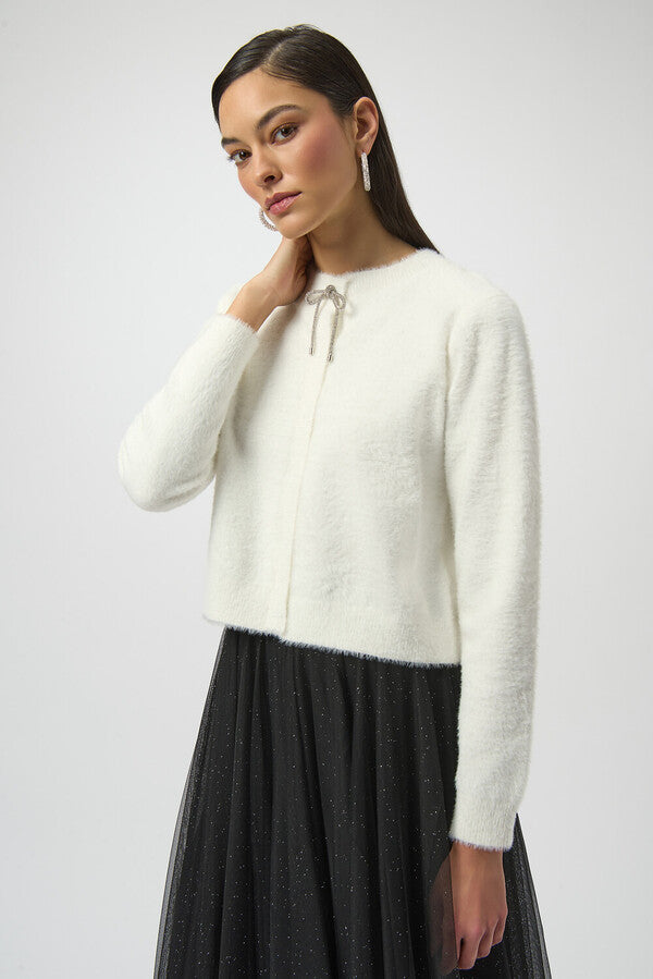 FEATHER YARN CARDIGAN W RHINESTONE BOW
