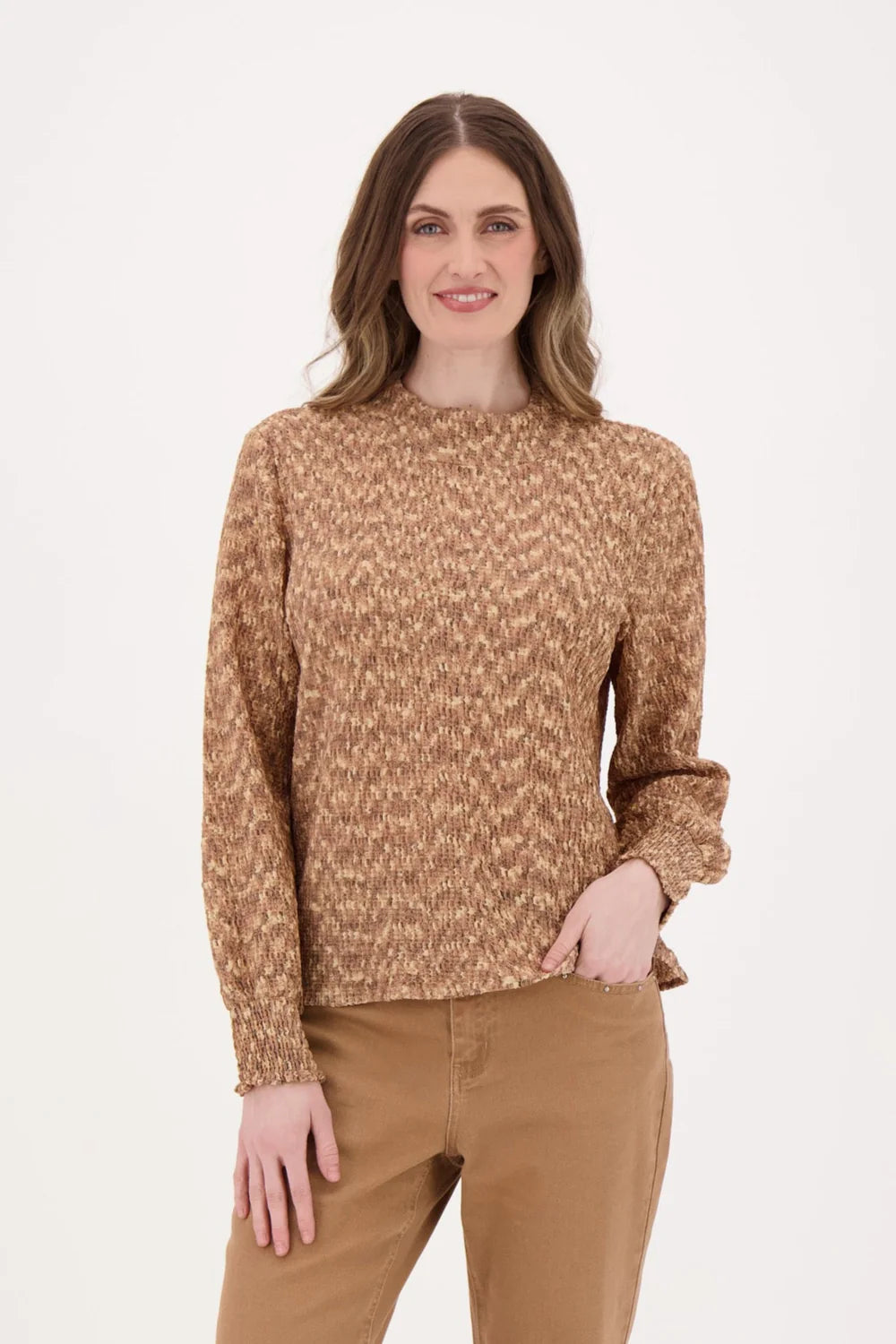 FUNNEL NECK MARLED YARN SMOCKED CUFF TOP