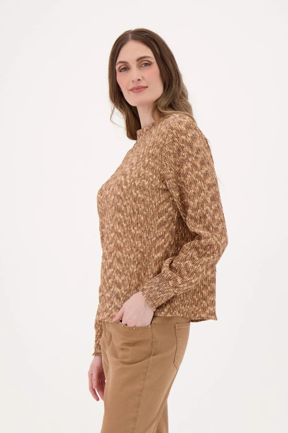 FUNNEL NECK MARLED YARN SMOCKED CUFF TOP