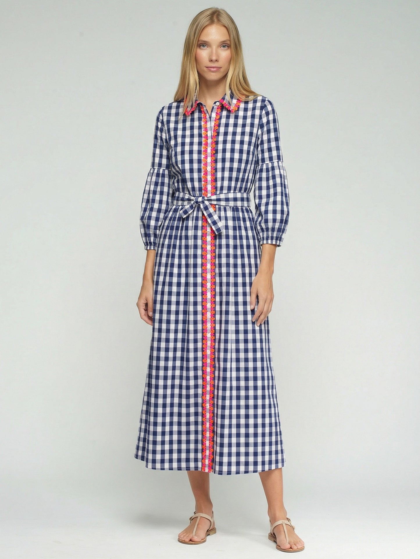 FLORAL EMBROIDERED GINGHAM SHIRT DRESS