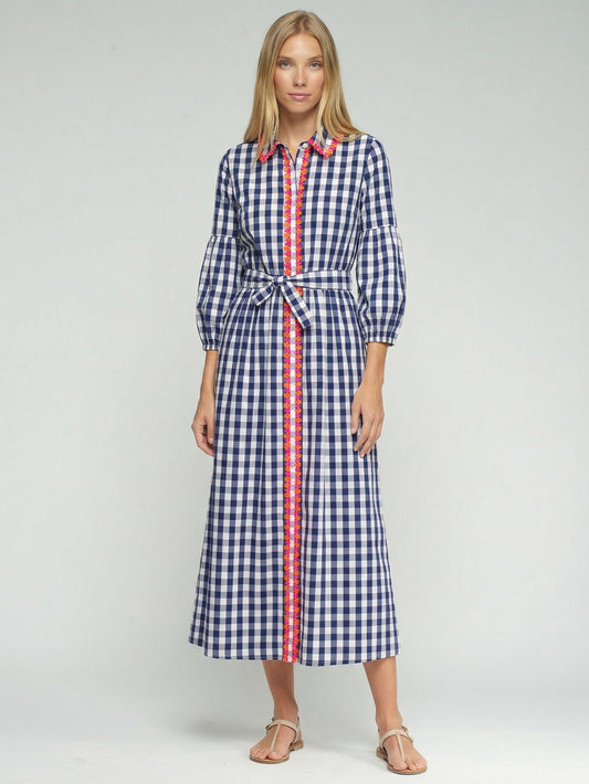 FLORAL EMBROIDERED GINGHAM SHIRT DRESS