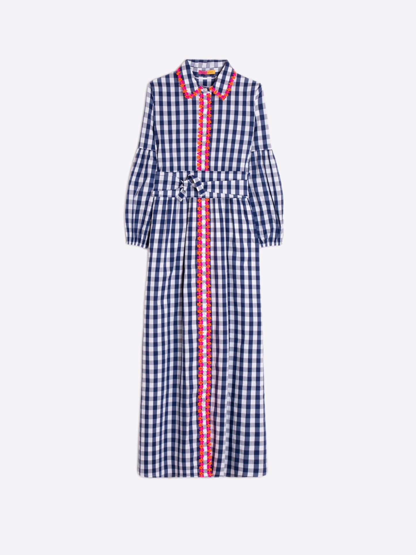 FLORAL EMBROIDERED GINGHAM SHIRT DRESS