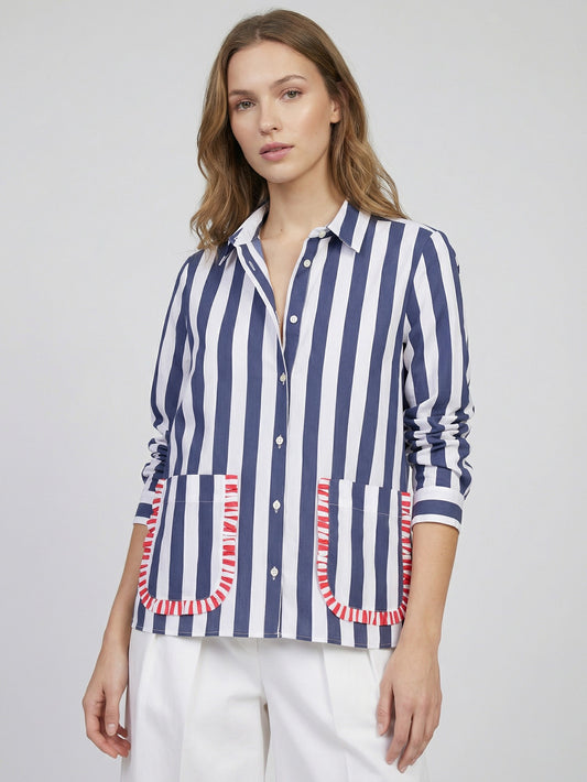 BUTTON FRONT BLOUSE W/ RUFFLE POCKETS