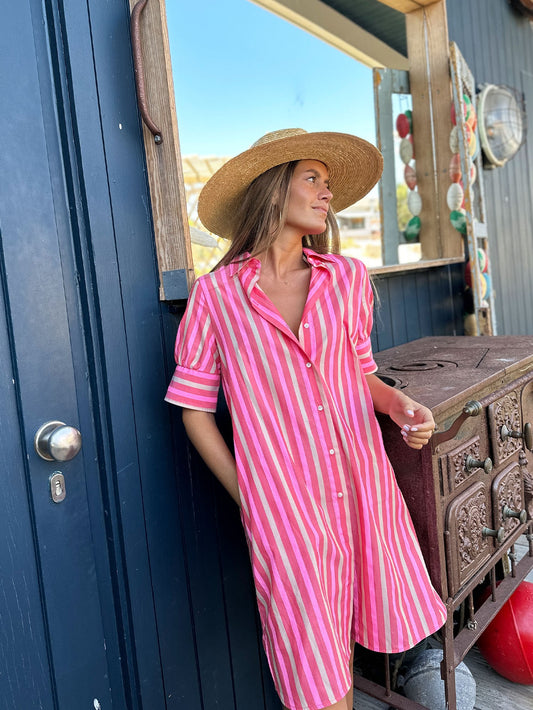 PINK STRIPED SHIRT DRESS