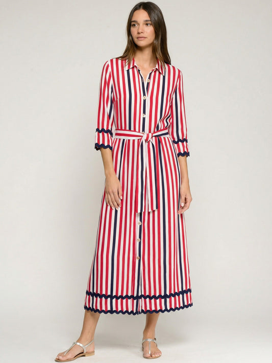STRIPED SCALLOPPED SLEEVE DRESS W/ BELT