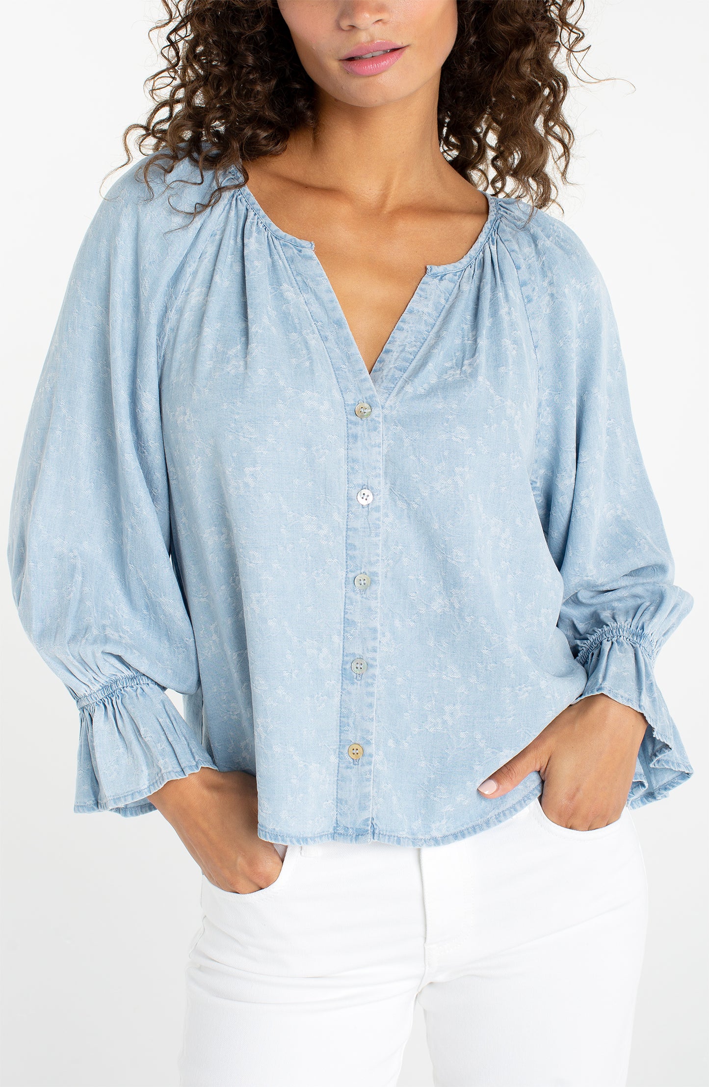 3/4 SLEEVE BUTTON FRONT SHIRRED WOVEN TOP