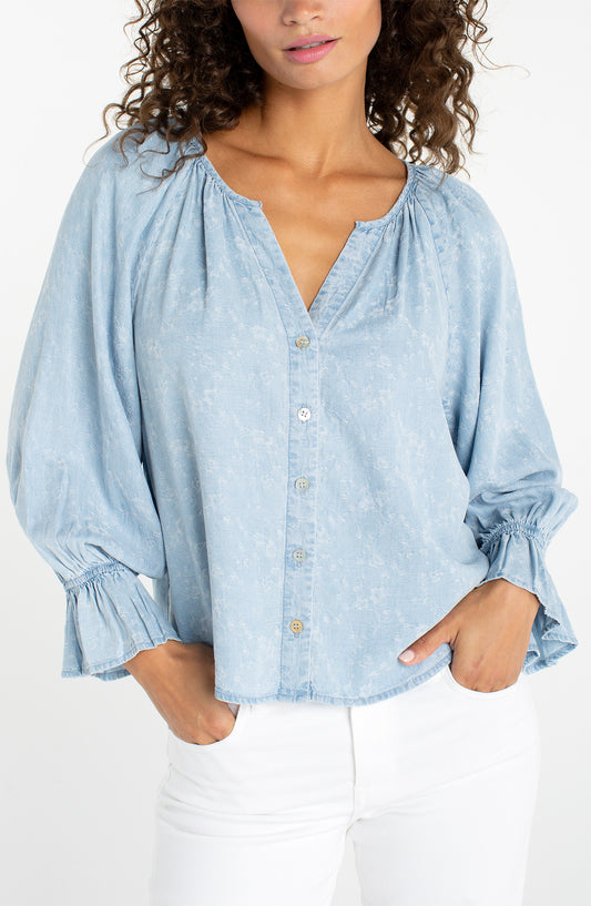 3/4 SLEEVE BUTTON FRONT SHIRRED WOVEN TOP