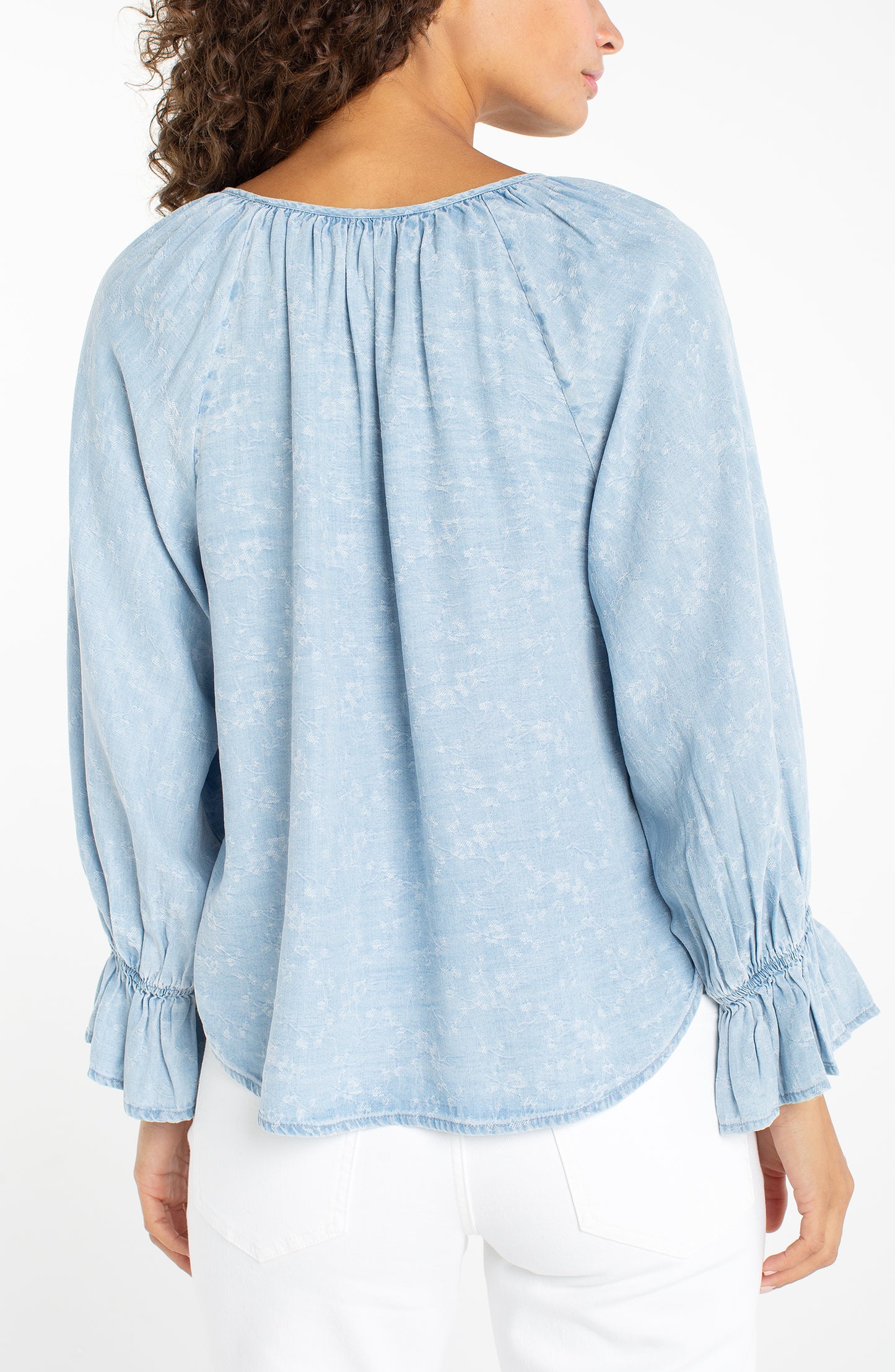 3/4 SLEEVE BUTTON FRONT SHIRRED WOVEN TOP
