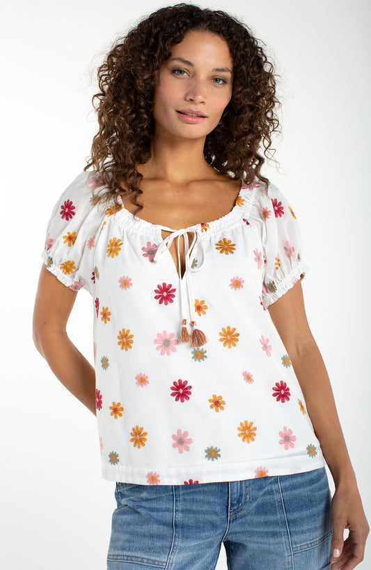 SHORT SLEEVE TIE NECK WOVEN TOP