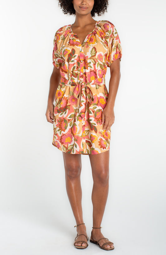 SHORT SLEEVE SHIRRED BUTTON FRONT WOVEN DRESS
