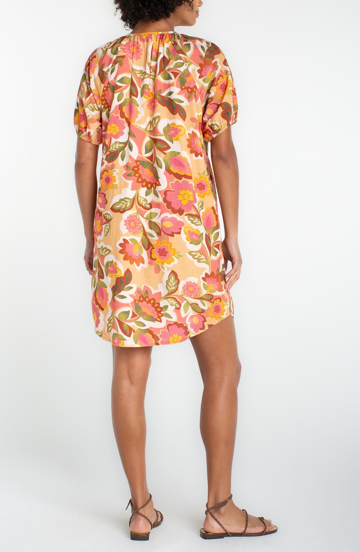 SHORT SLEEVE SHIRRED BUTTON FRONT WOVEN DRESS