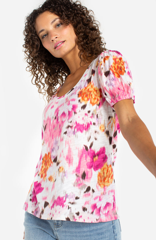 FLORAL PUFF SLEEVE SCOOP NECK TOP