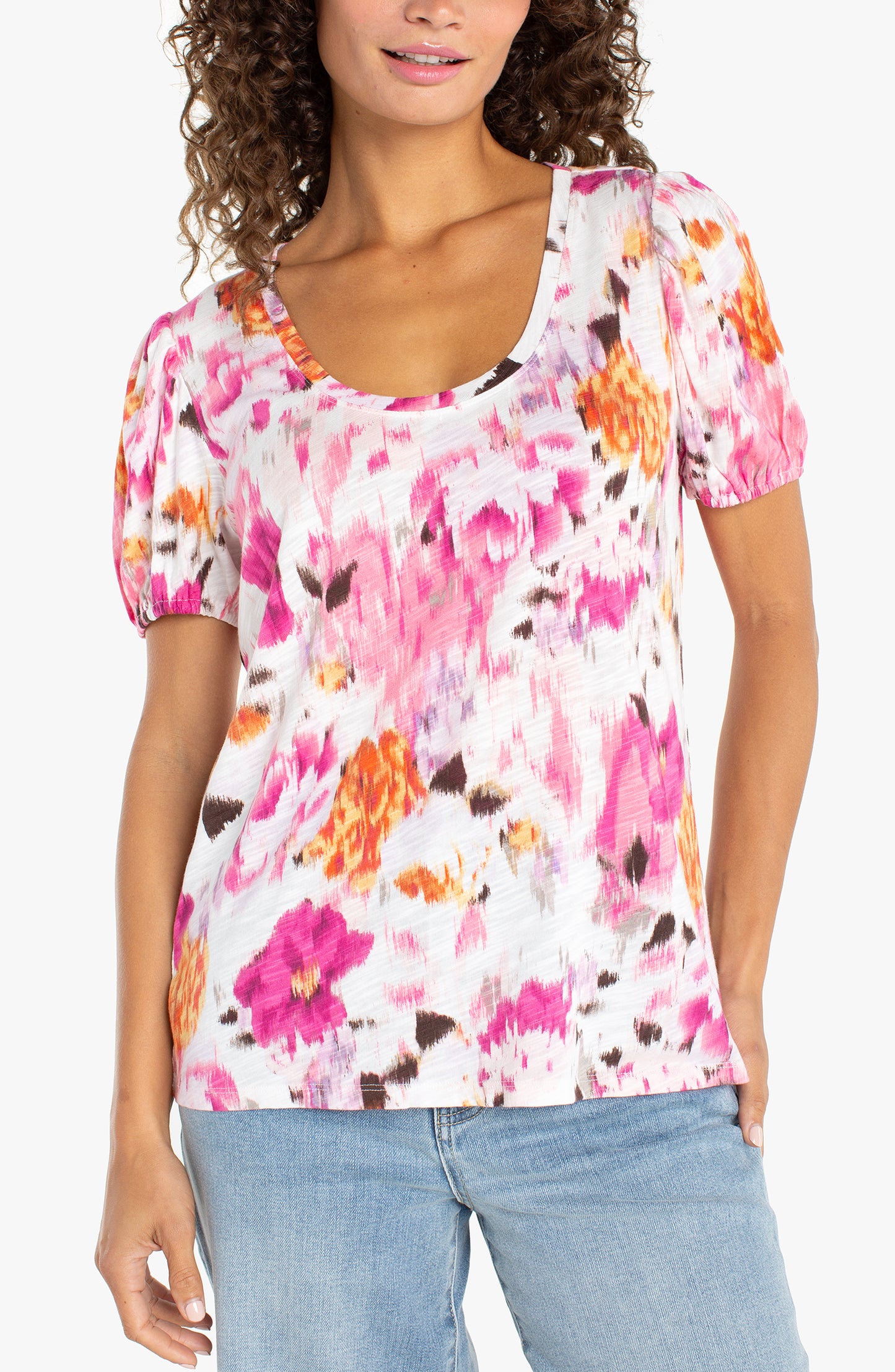 FLORAL PUFF SLEEVE SCOOP NECK TOP