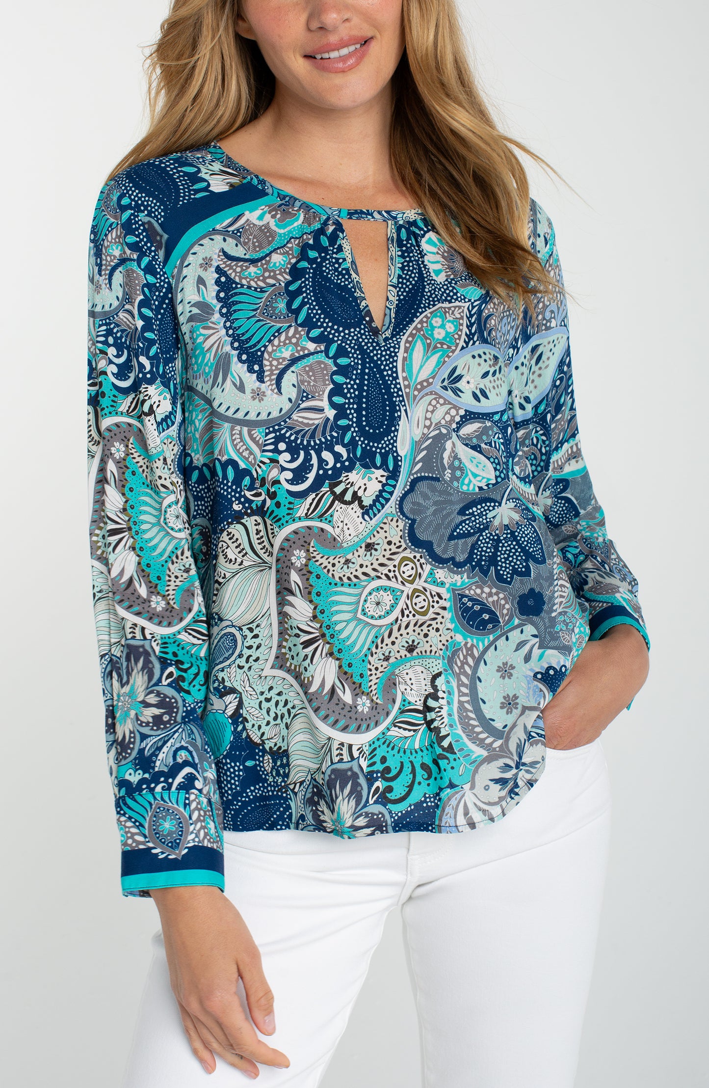 LONG SLEEVE WOVEN TOP W/ KEYHOLE NECKLINE