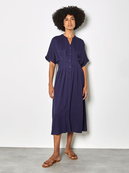 PLEATED WAIST MIDI SHIRT DRESS