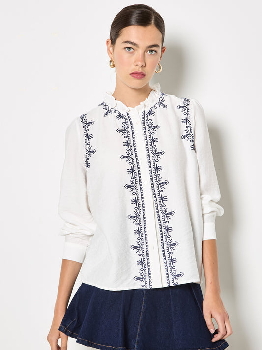 RUFFLE NECK EMBROIDERED BLOUSE