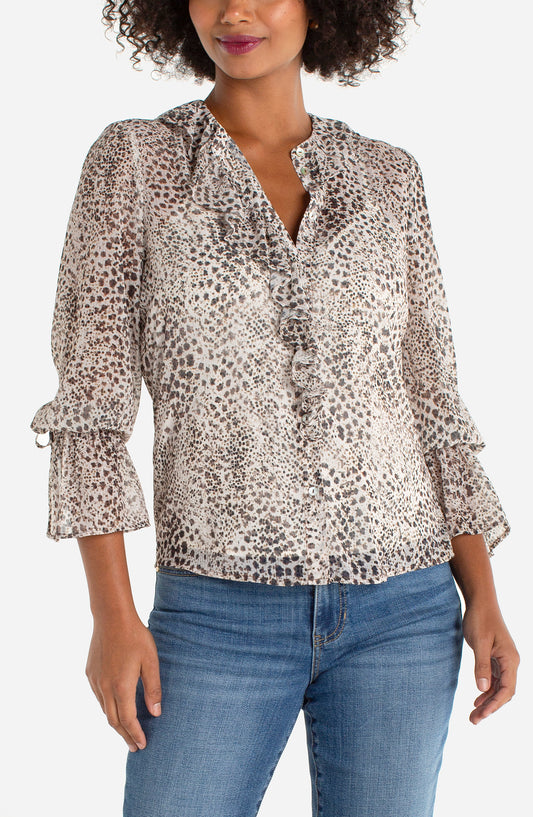 LONG SLEEVE RUFFLE FRONT WOVEN TOP