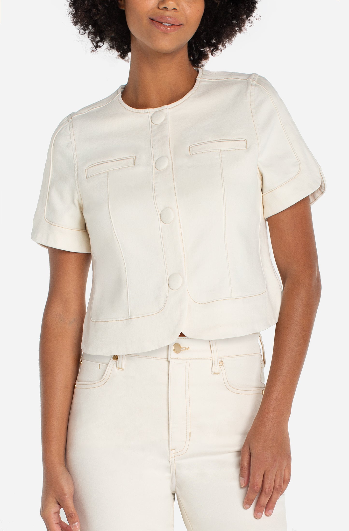 COLLARLESS SHORT SLEEVE CROPPED JACKET