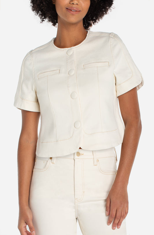 COLLARLESS SHORT SLEEVE CROPPED JACKET
