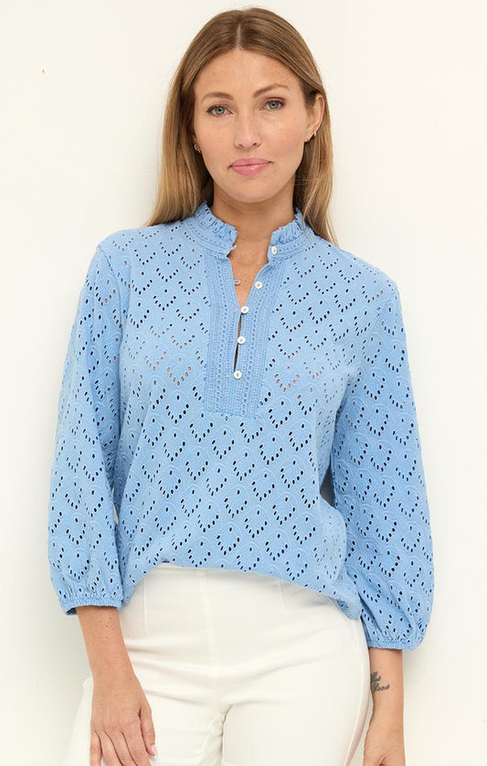 KNIT EYELET RUFFLE NECK TOP